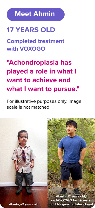 Ahmin at ages 9 and 17 after completing VOXZOGO treatment, illustrating growth until growth plate closure
