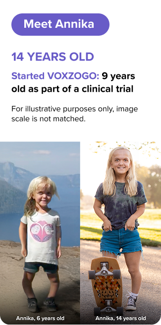 Annika at ages 6 and 14, illustrating growth progress before and after taking VOXZOGO