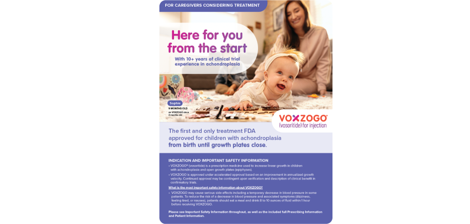 Caregiver guide highlighting early VOXZOGO treatment for children with achondroplasia from birth to growth plate closure