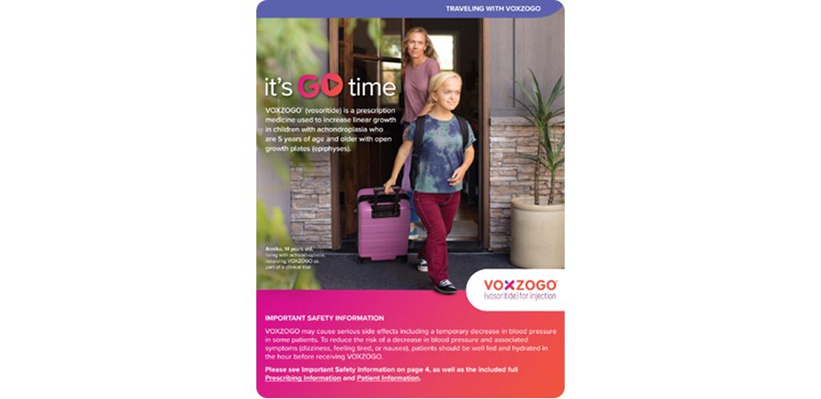 Child with achondroplasia leaving home with suitcase, highlighting independence with VOXZOGO treatment